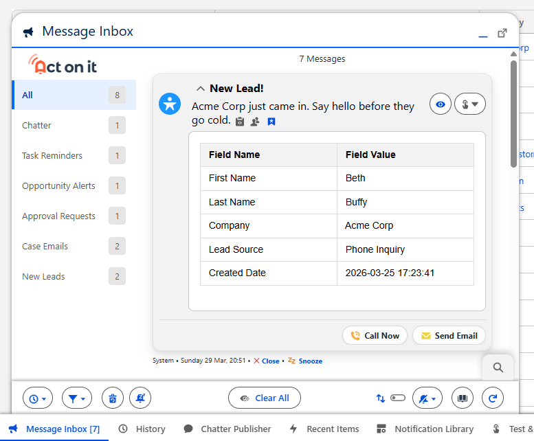 The Act On It inbox showing categorised alerts — new leads, chatter, opportunity alerts and more — with one-click Call Now and Send Email actions